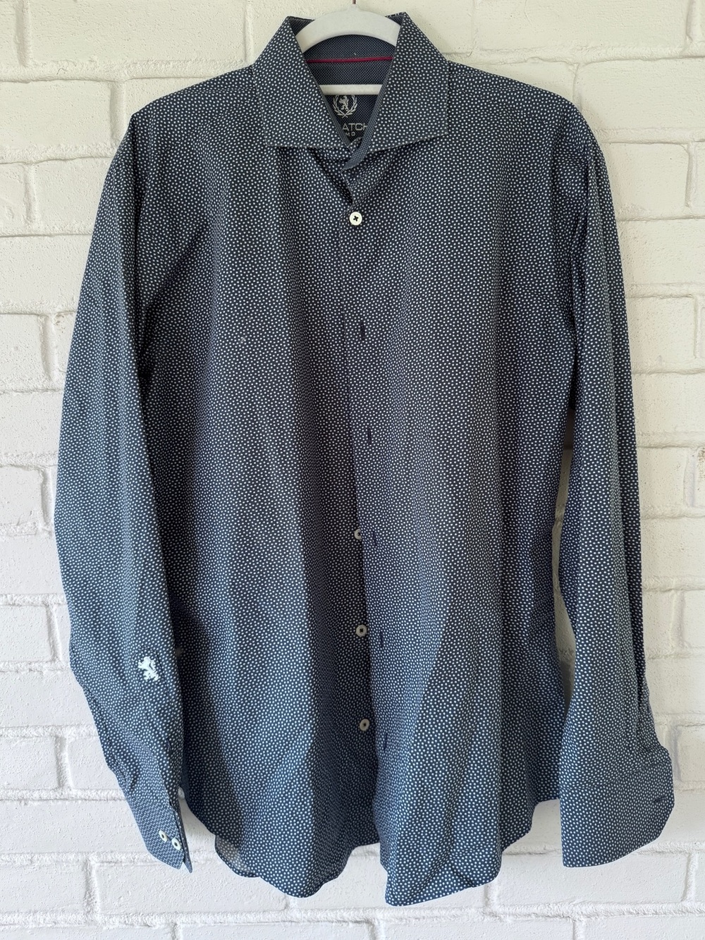 BUGATCHI OUOMO • Long-Sleeve Dress Shirt • Navy Micro-print • Size 15.5 (34-35)